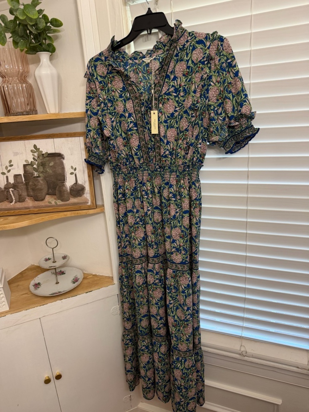 Max Studio Blue Floral Ruffle Midi Dress